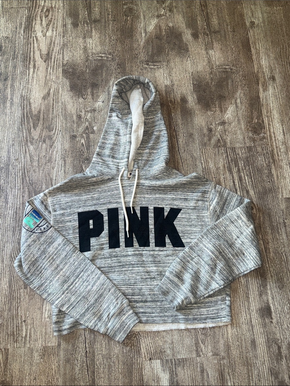 PINK Victoria's Secret Heather Gray Cropped Hoodie with Black Logo